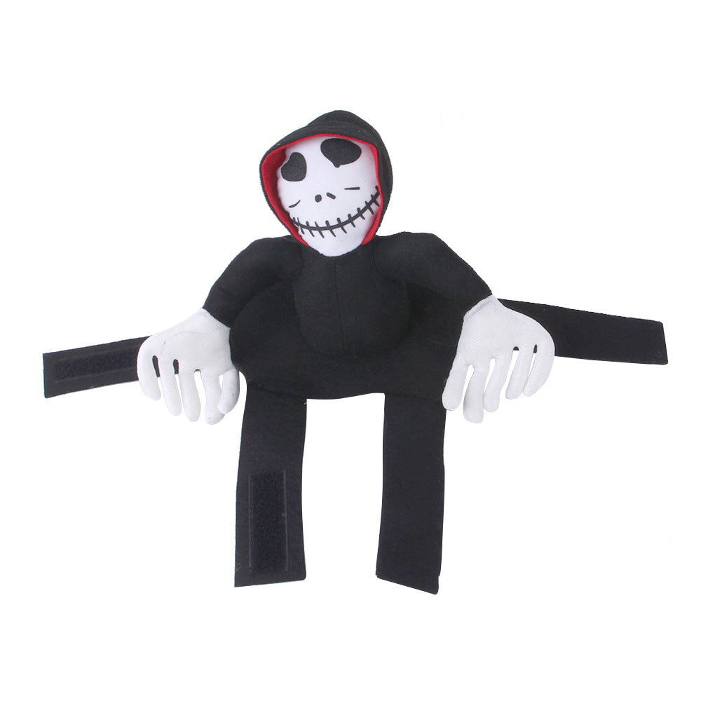 Black Halloween pet costume with skull mask and white glove design for spooky pet dress-up