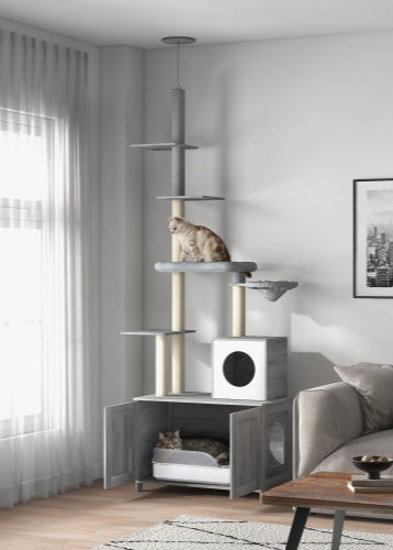 PawHut Kratzbaum 2-in-1 Katzenturm mit Katzentoilettengehäuse, Katzenhaus, Bett, Hängematte und Kratzbäumen in modernem Wohnzimmer, grau