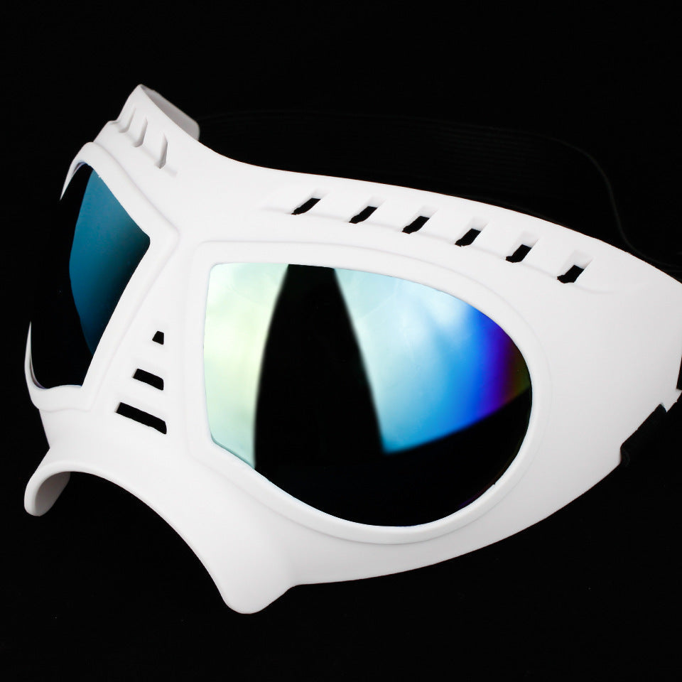 White windproof motorcycle goggles with reflective blue lenses and ventilation slots