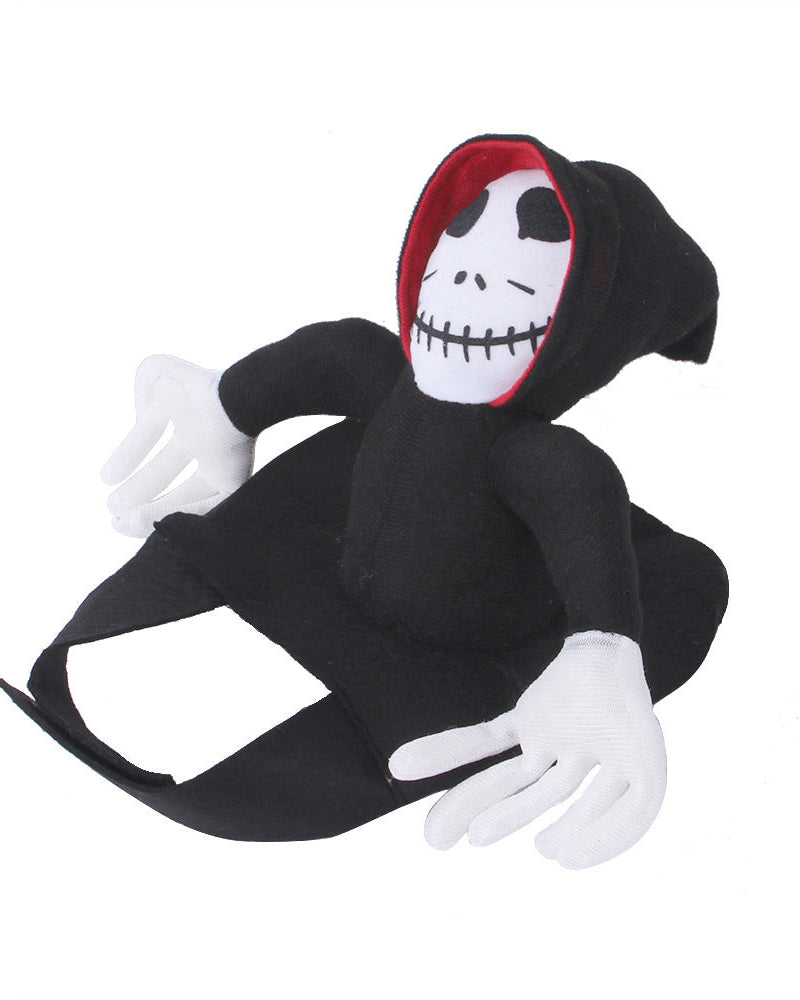Black and white skeleton Halloween pet costume with hood and glove-like paws, designed for Halloween pet cosplay and parties