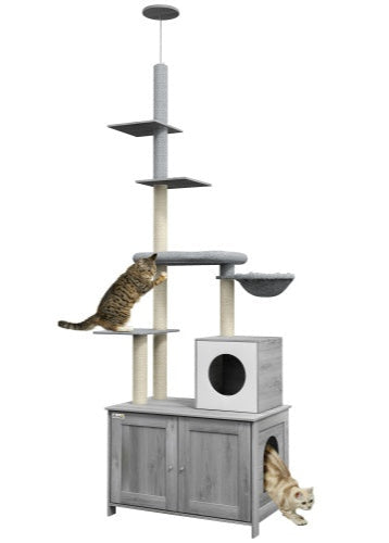 PawHut Kratzbaum 2-in-1 Katzenturm und Katzentoilettengehäuse grau mit Katzenhaus, Bett, Hängematte und Sisal-Kratzstämmen für 1-2 Katzen Innenbereich