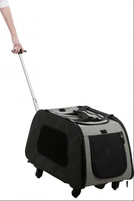Trixie Trolley mit abnehmbarem Fahrwerk für kleine Hunde und Katzen aus Nylon mit Teleskopgriff, Netzeinsätzen und komfortabler Lammfell-Liegefläche in Schwarz/Grau