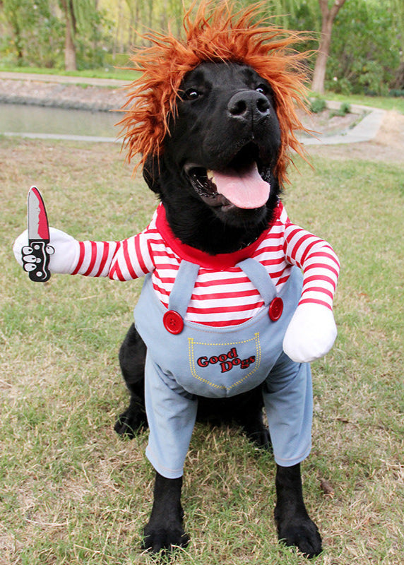 Black dog wearing red and white striped Halloween pet costume with fake arms and wig holding foam knife outdoors