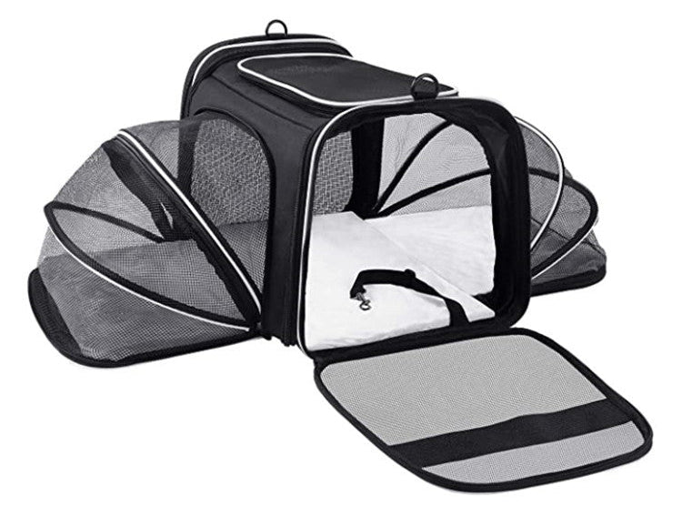 Transportbox für Katzen, von Fluggesellschaften zugelassen, erweiterbar, faltbar, weich, für Hunde, geöffnete Türen, reflektierende Bänder, Reisetasche für Katzen