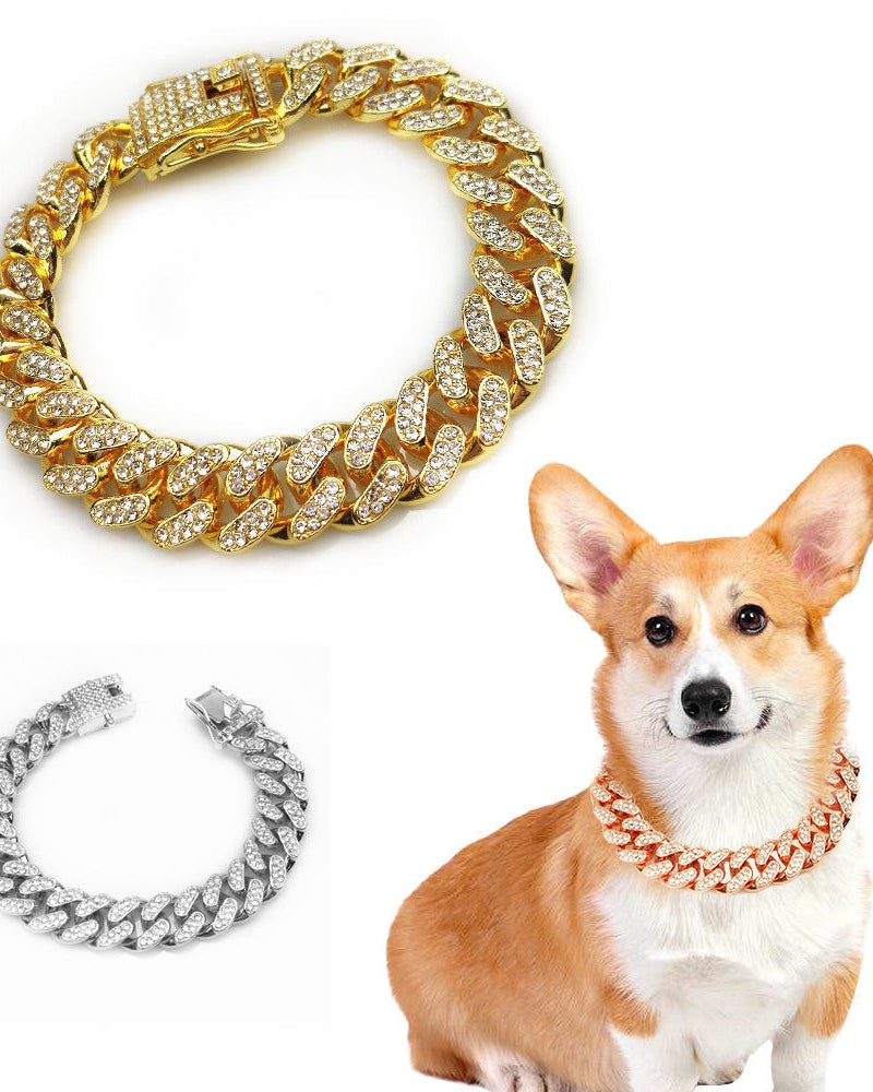 Hip hop Halsband für Haustiere in Gold und Silber, glitzernde Legierungsketten-Halsbänder, getragen von einem Hund