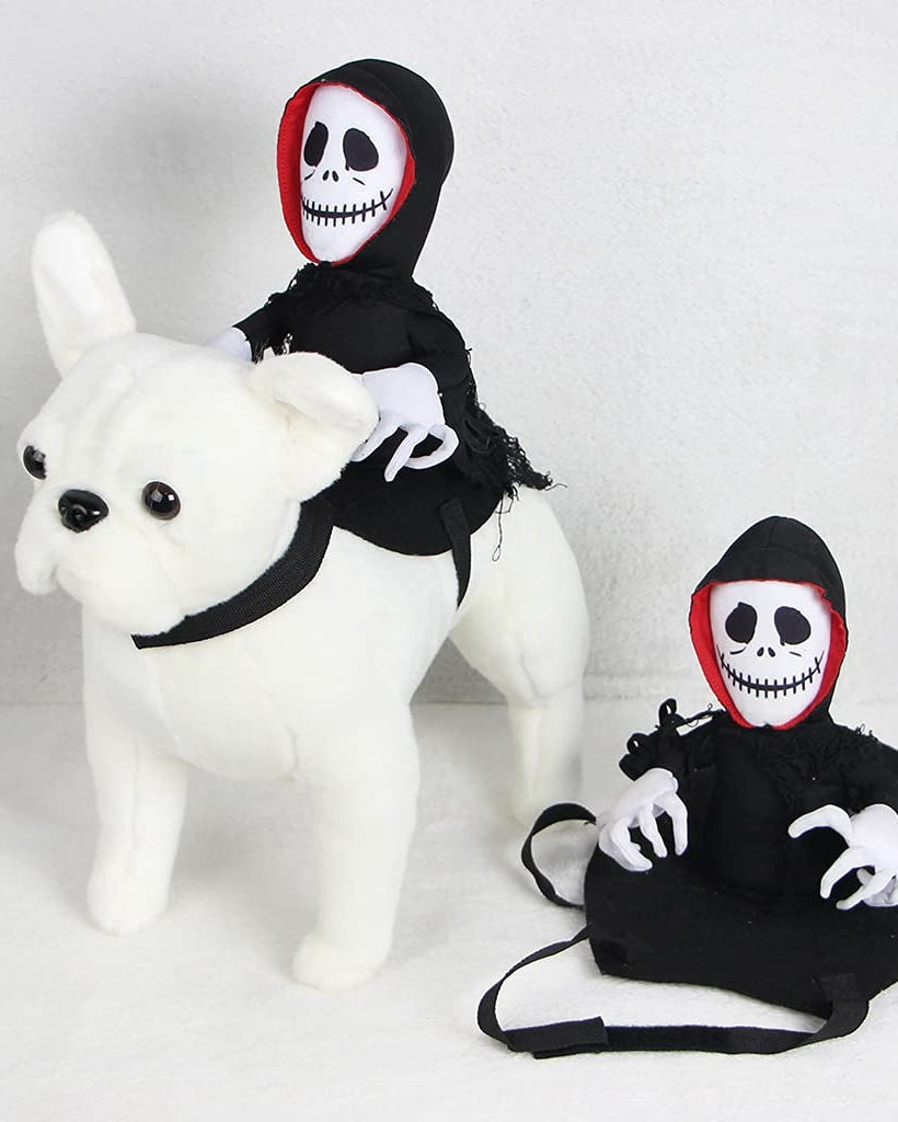 Halloween pet costume with skeleton rider design for dogs, adjustable for comfort and easy to wear, perfect for festive Halloween celebrations.