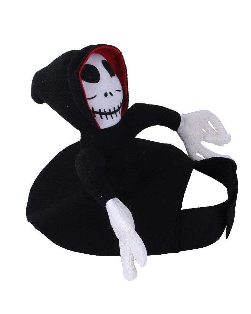 Halloween pet costume with black hooded skeleton mask and attached arms, designed for comfort and adjustable fit
