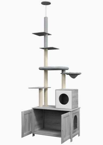 PawHut Kratzbaum 2-in-1 Katzenturm mit Katzentoilettengehäuse, Katzenhaus, Hängematte und Plattformen, höhenverstellbar, grau, für innen, bis zu 2 Katzen