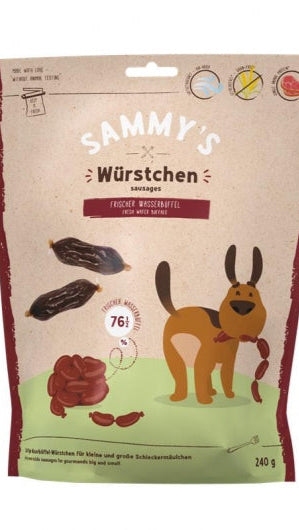 Bosch Sammys Würstchen Wasserbüffel Hundesnack 240g Verpackung mit Illustration und Text