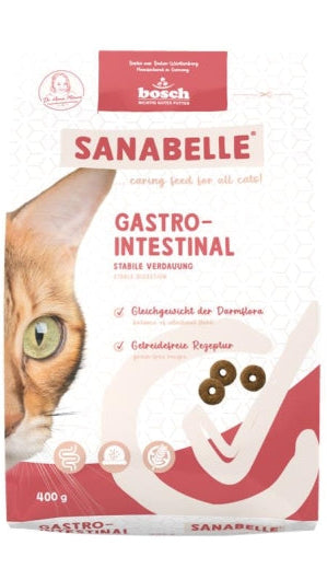 Sanabelle Gastrointestinal dry cat food for sensitive digestion with prebiotics, grain-free recipe, and high-quality proteins.