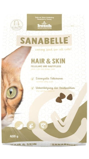 Sanabelle Hair & Skin cat food packaging for healthy skin and shiny fur with essential fatty acids and skin support.