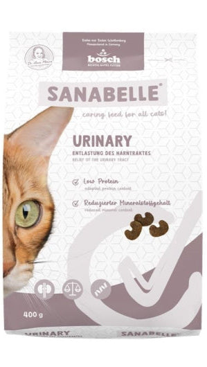 Sanabelle Urinary cat food package for sensitive urinary tract support with low protein and reduced mineral content.