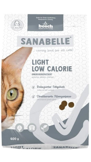 Sanabelle Light Low Calorie cat food bag with cat image and reduced fat content for weight management.