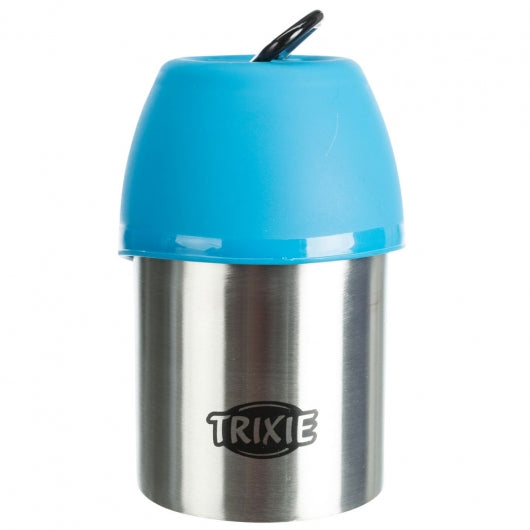 Trixie Edelstahl-Flasche with stainless steel body and blue lid that doubles as a drinking bowl for pets on the go