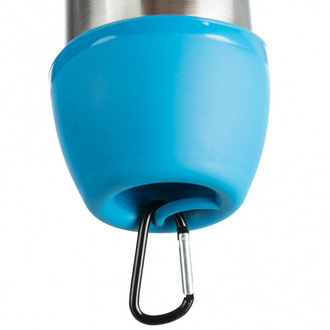 Trixie Edelstahl-Flasche with blue plastic drinking bowl and carabiner clip for portable water dispensing