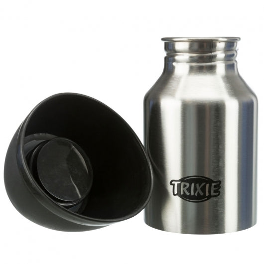 Trixie Edelstahl-Flasche stainless steel water bottle with detachable black drinking bowl lid for pets