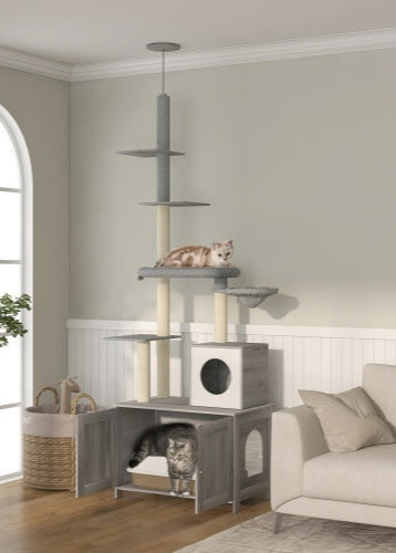 PawHut Kratzbaum mit integriertem Katzentoilettengehäuse, Katzenhaus, Hängematte und Kratzstämmen, höhenverstellbar bis zur Decke, grau, für 1-2 Katzen, modernes Wohnzimmermöbel