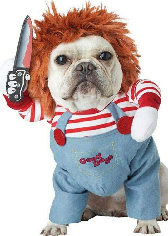 Dog Halloween costume with red wig and striped shirt holding a toy knife, pet dress up costume for Halloween