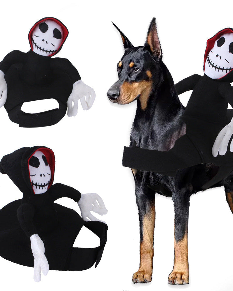 Dog wearing Halloween pet costume with black skeleton figure hugging vest and skull mask design