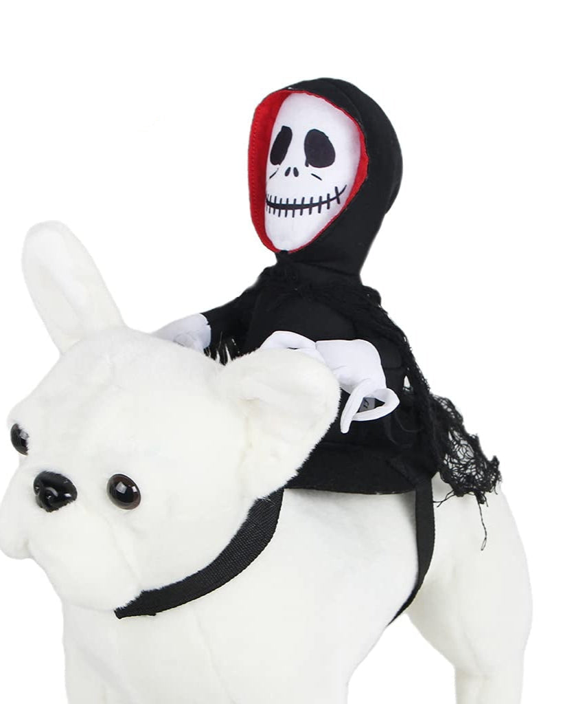 Halloween pet costume with spooky skeleton rider on white dog plush, Halloween-Haustier-Kostüm design