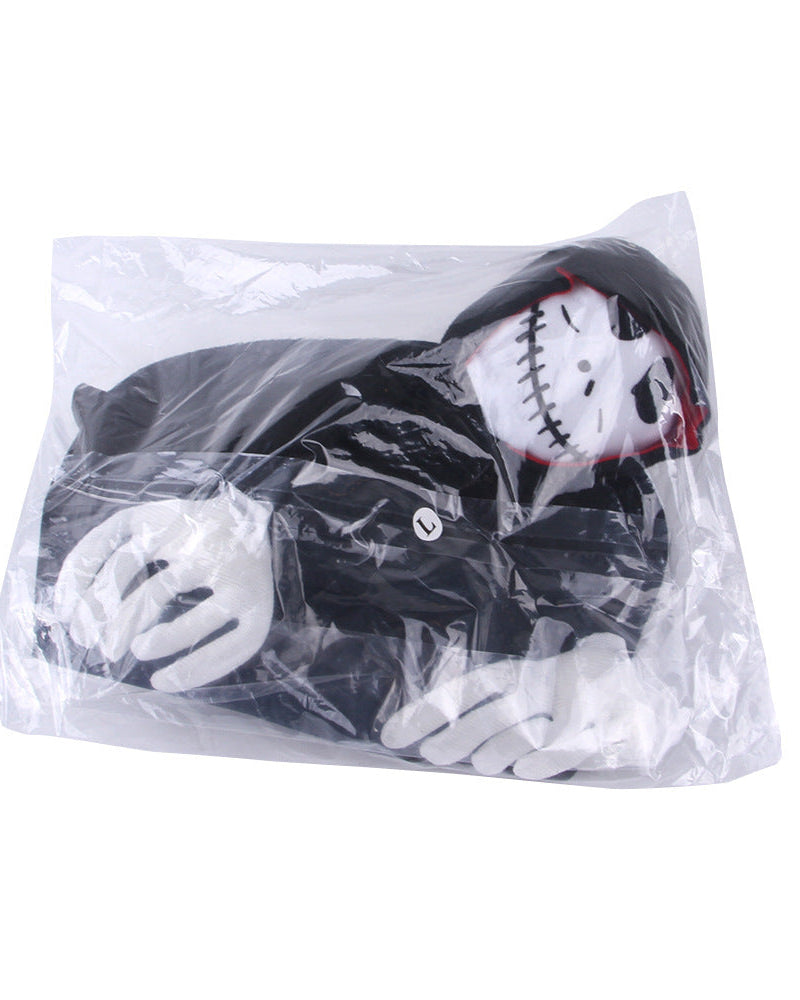 Halloween pet costume with spooky skull mask and black outfit packaged in plastic bag