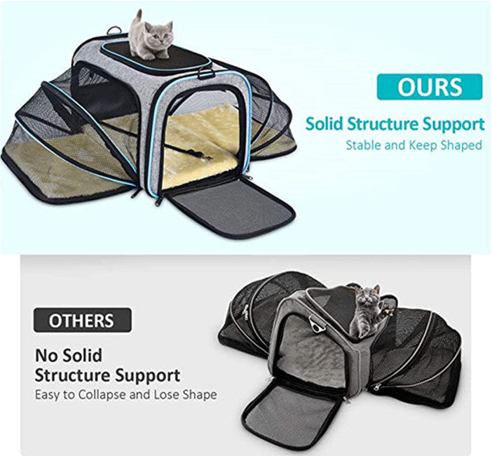Transportbox für Katzen, von Fluggesellschaften zugelassen, erweiterbar, faltbar, weich, für Hunde, geöffnete Türen, reflektierende Bänder, Reisetasche für Katzen