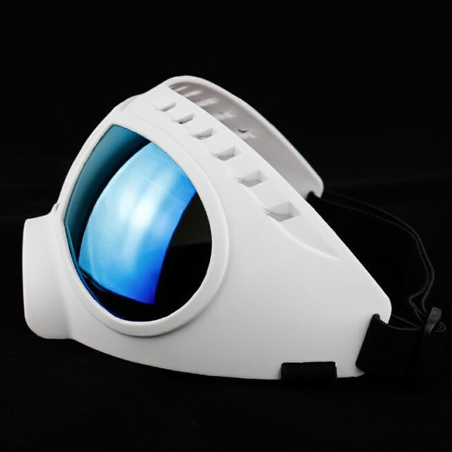 Weißes Haustier Sonnenbrille für große Hunde mit blauen Gläsern und verstellbarem Riemen